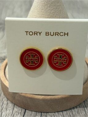 Tory Burch Red and Gold Round Logo Stud Earrings